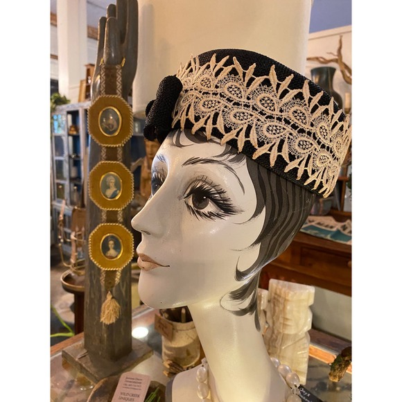 1950s pillbox hat, volk dallas, mid century fashion, 1960s hat, black straw, bow - Picture 2 of 7